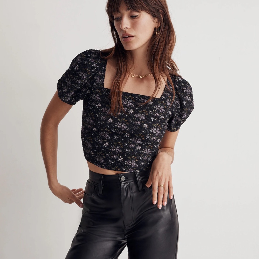 Madewell Hopewell Puff-Sleeve Crop Top Dark Floral Size M